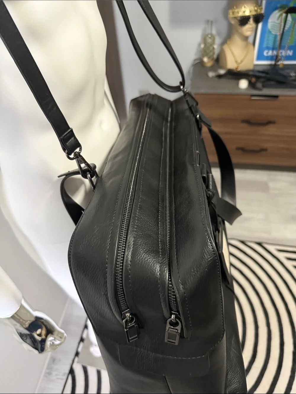 Zara Black Leather Duffel Bag with Removable Strap